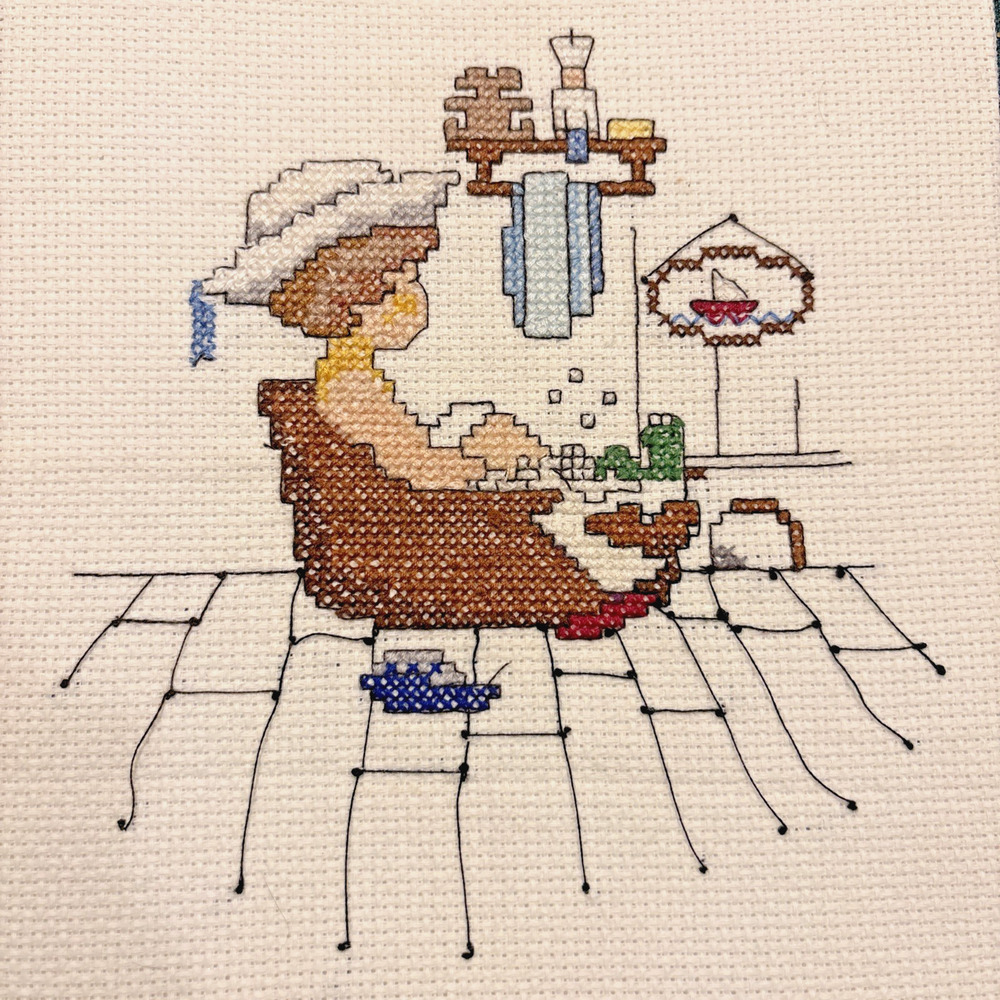 Cross-Stitch Picture Jaylynn Bath Old Fashioned Child Vtg Handmade 8x10